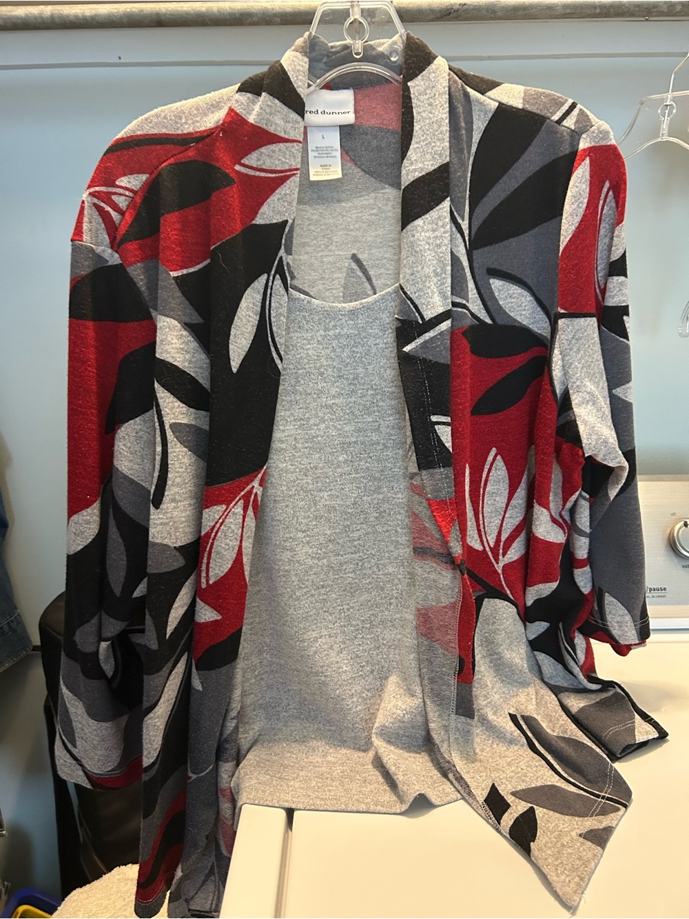 Alfred Dunner Red, Black & Gray Floral Open-Front Cardigan